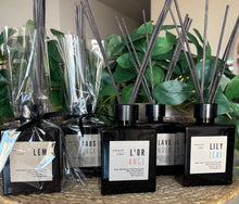Load image into Gallery viewer, Group of Reed Diffusers from the Kitchen Collection including scents of Lavender, Sage, Lemon, Orange, and Lily Leaf
