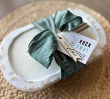 Load image into Gallery viewer, Wood Dough Bowl Candle with a white wash in the Rock Away scent from the Coastal Collection.
