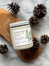 Load image into Gallery viewer, Schweitzer Snow Ghost Grove soy wax candle in 8oz size clear glass jar with white tin lid - Bungalow North Idaho Collection
