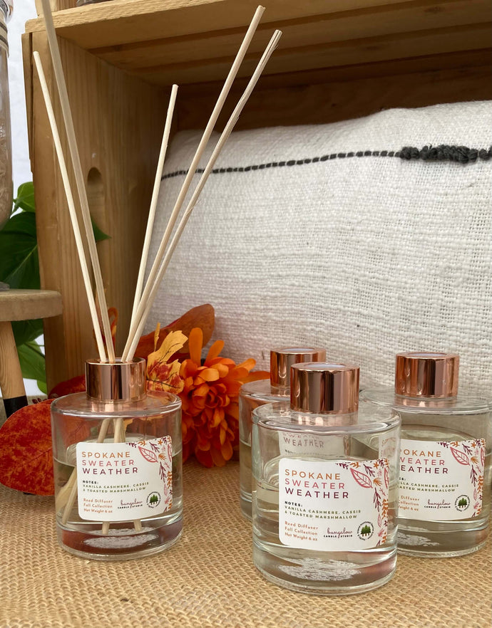 Display of reed difusers in the Spokane Sweater Weather scent.