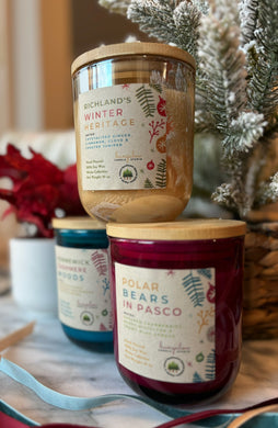 10 oz colored holiday jar candles in the Fall and Winter Tri-Cities Collection.