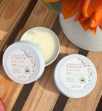 Load image into Gallery viewer, A mini candle in a white metal tin with the scent Vanilla Pumpkin Spice.
