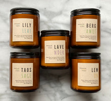 Load image into Gallery viewer, All five 8 oz candles from the Kitchen Collection in amber-colored jar
