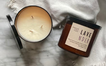 Load image into Gallery viewer, The Lavender candle scent from the Kitchen Collection, shown in large 16 oz sized amber-colored glass jar with 3 wicks.
