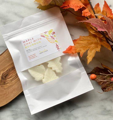 Maple Chai with Bourbon Wax Melts in white packaging with window.