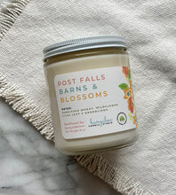 Load image into Gallery viewer, Post Falls Barns &amp; Blossoms Candle from Bungalow&#39;s Spring and Summer Collection shown in classic glass 8 oz jar.
