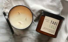 Load image into Gallery viewer, The Taos Sage candle scent from the Kitchen Collection, shown in large 16 oz sized amber-colored glass jar with 3 wicks.
