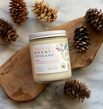 Load image into Gallery viewer, The Trails of Mount Spokane Scent from Bungalow&#39;s Fall Collection is shown in the 8 oz glass jar with a white lid.
