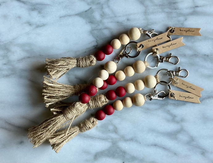 Mango Wood Bead Keychain with Jute Tassel  |  Colors of Autumn